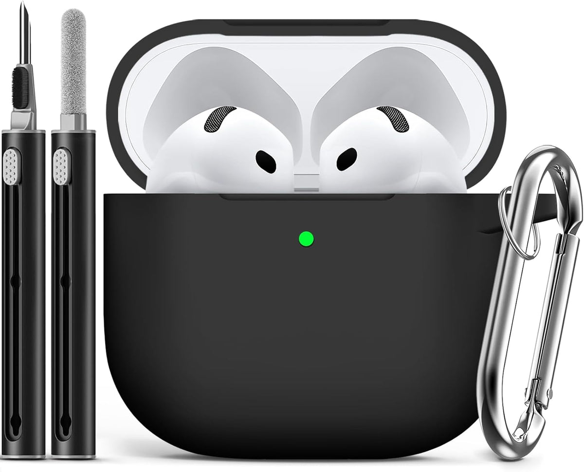Ljusmicker for AirPods 4 Case 2024 with Cleaner Kit,Soft Silicone Protective Cover for Apple AirPods 4th Generation Cases for Women Men,Compatible with AirPod 4 Case Accessories with Keychain-Black