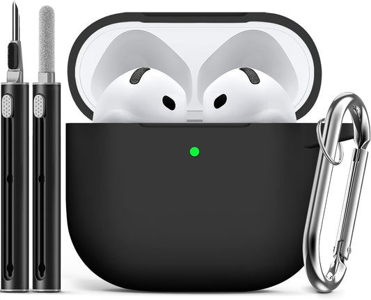 Ljusmicker for AirPods 4 Case 2024 with Cleaner Kit,Soft Silicone Protective Cover for Apple AirPods 4th Generation Cases for Women Men,Compatible with AirPod 4 Case Accessories with Keychain-Black