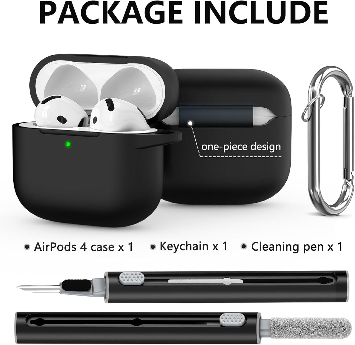 Ljusmicker for AirPods 4 Case 2024 with Cleaner Kit,Soft Silicone Protective Cover for Apple AirPods 4th Generation Cases for Women Men,Compatible with AirPod 4 Case Accessories with Keychain-Black