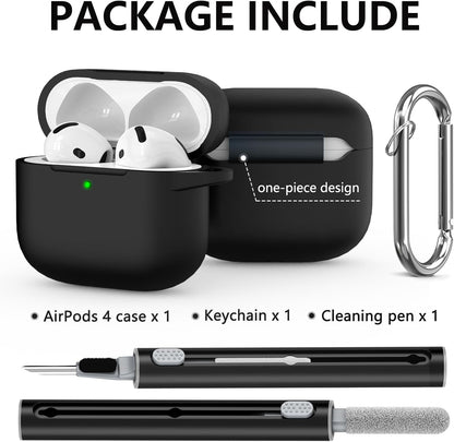 Ljusmicker for AirPods 4 Case 2024 with Cleaner Kit,Soft Silicone Protective Cover for Apple AirPods 4th Generation Cases for Women Men,Compatible with AirPod 4 Case Accessories with Keychain-Black