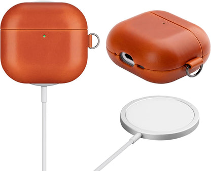 Maogoam Leather Case for AirPods 4 with D Clip Hand Strap, Genuine Veg-Tanned Leather Cover Compatible with AirPods 4th Gen 2024, Patina Finish, Wireless Charging for Stylish Professionals, Orange