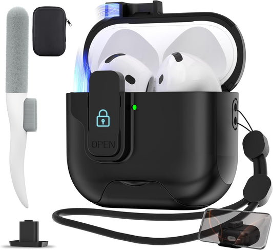 Maxjoy for AirPods 4 Case with Lock, AirPods 4th Generation Case Cover with Cleaner Kit Shockproof AirPod Gen 4 Protective Cases with Keychain Compatible with Apple AirPods4 2024, Black